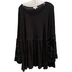 Symmetry Womens Tunic Top Sz 1X Black Burnout Velvet BOHO Whimsygoth Bell Sleeve